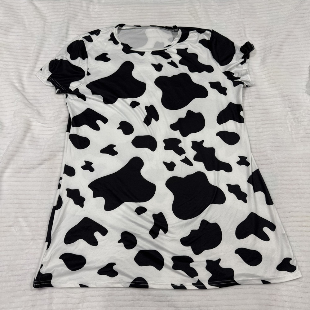 Women's Cow Print Pajama Sleep Shirt Nightgown Lounge Dress Size 1XL Black White